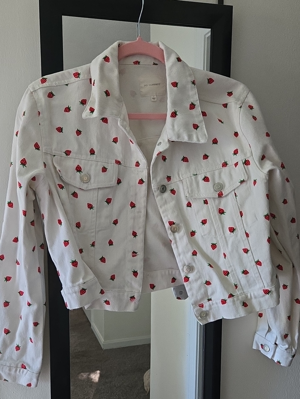 White Denim Jacket With Strawberry Print